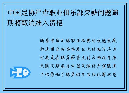 中国足协严查职业俱乐部欠薪问题逾期将取消准入资格