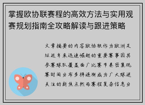 掌握欧协联赛程的高效方法与实用观赛规划指南全攻略解读与跟进策略